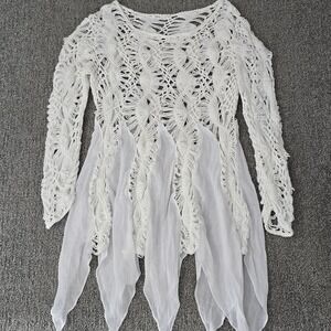 Fairycore Crochet Sheer Top White Handkerchief Hem Boho Festival Ethereal XS/S